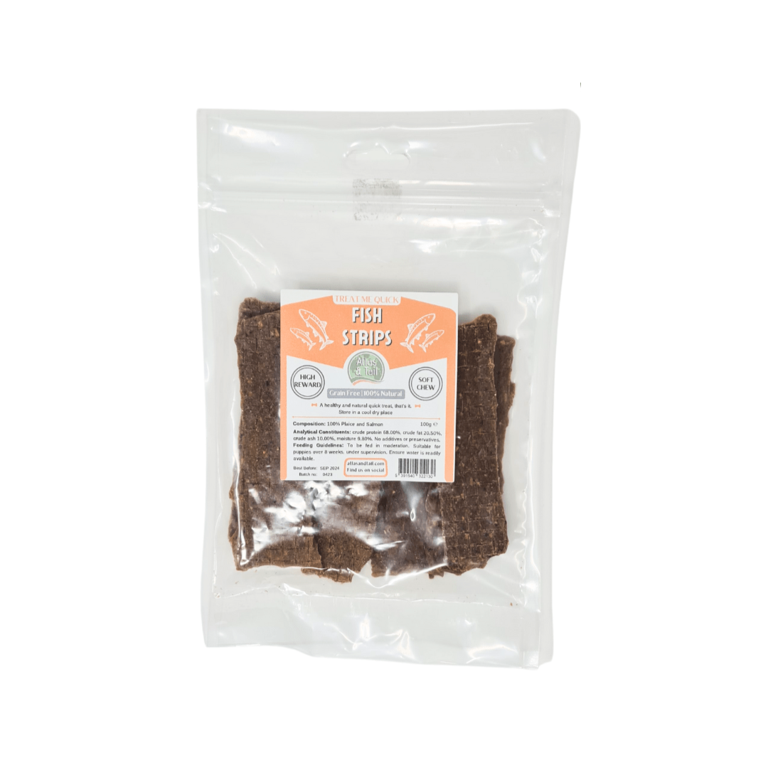 Package of fish strips with a label on a white background