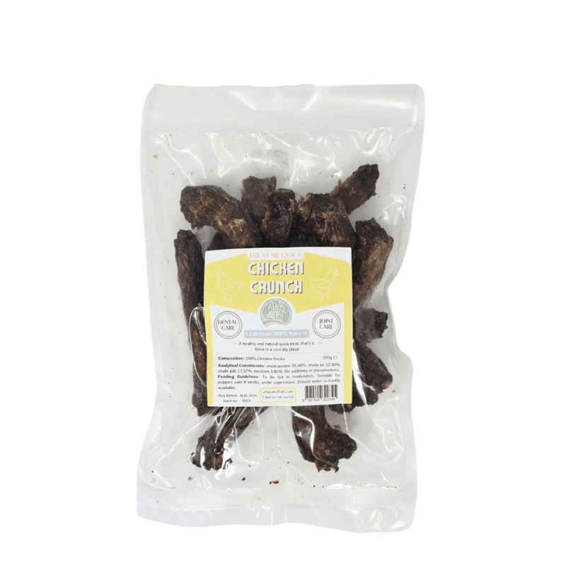 Packaged chicken crunch treats with a label on a white background