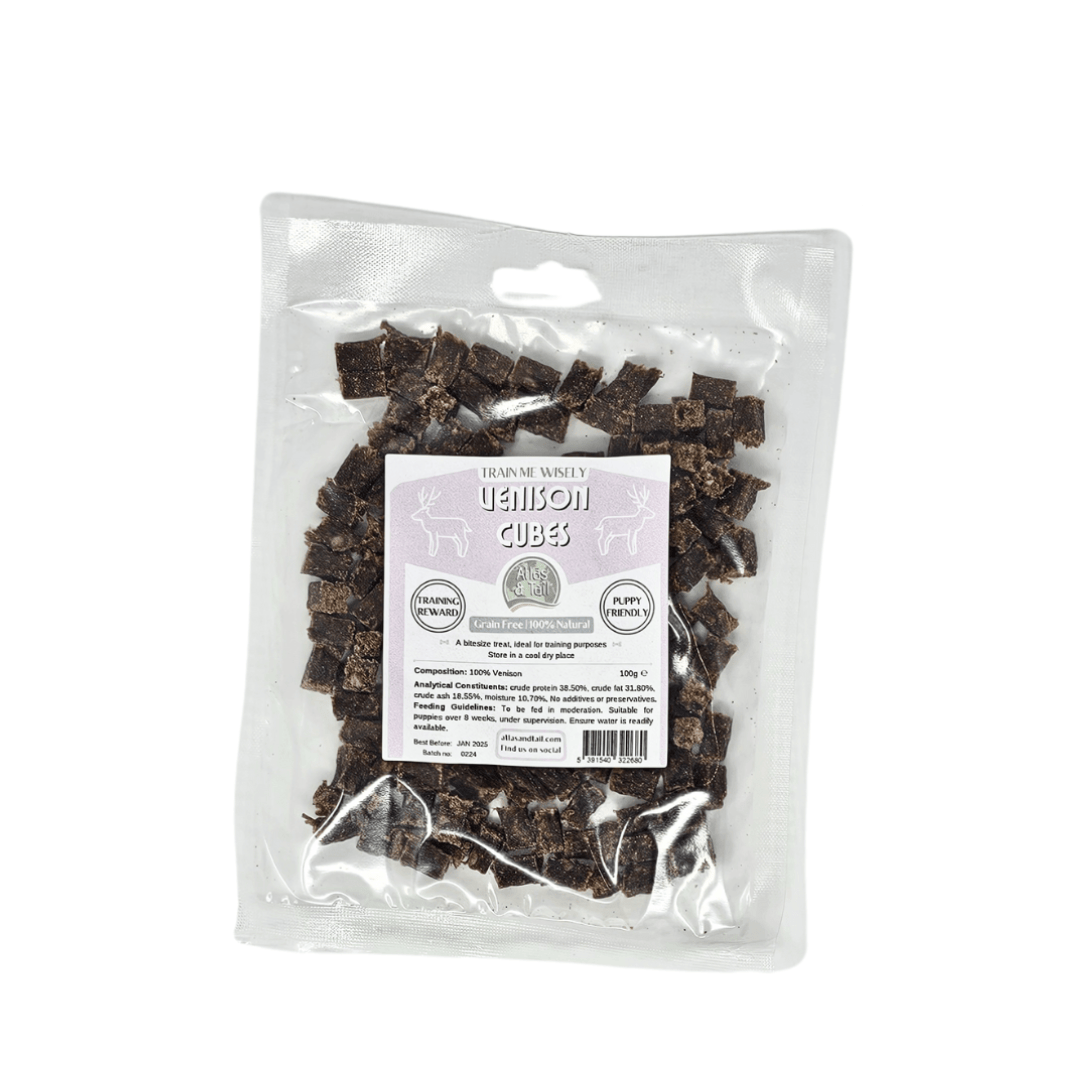 Packaged Venison cubes dog treats with label on a white background