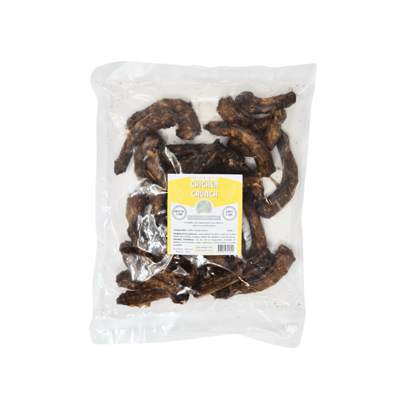 500g bag of dried chicken necks with a label on a white background