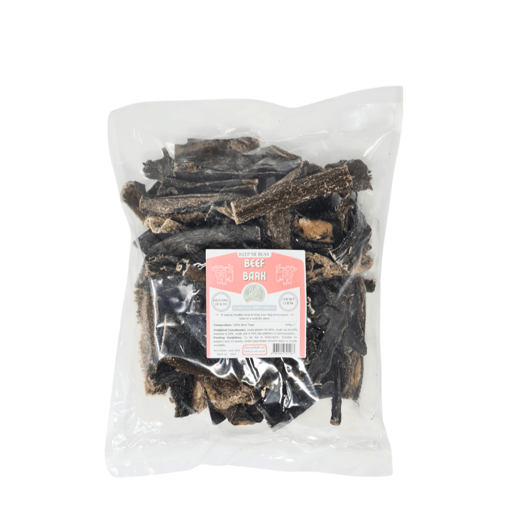 Bag of beef bark treats with a label on a white background