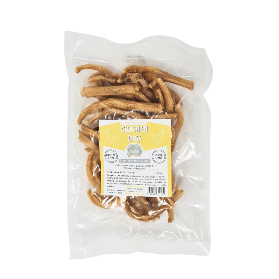 Package of 'Chicken Digs' pet treats with a label on a white background