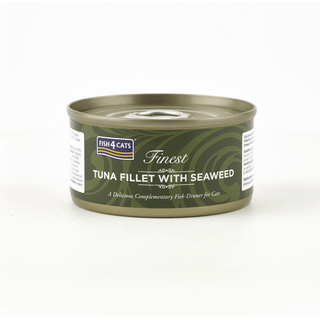 Can of Fish 4 Cats Finest Tuna Fillet with Seaweed on a white background