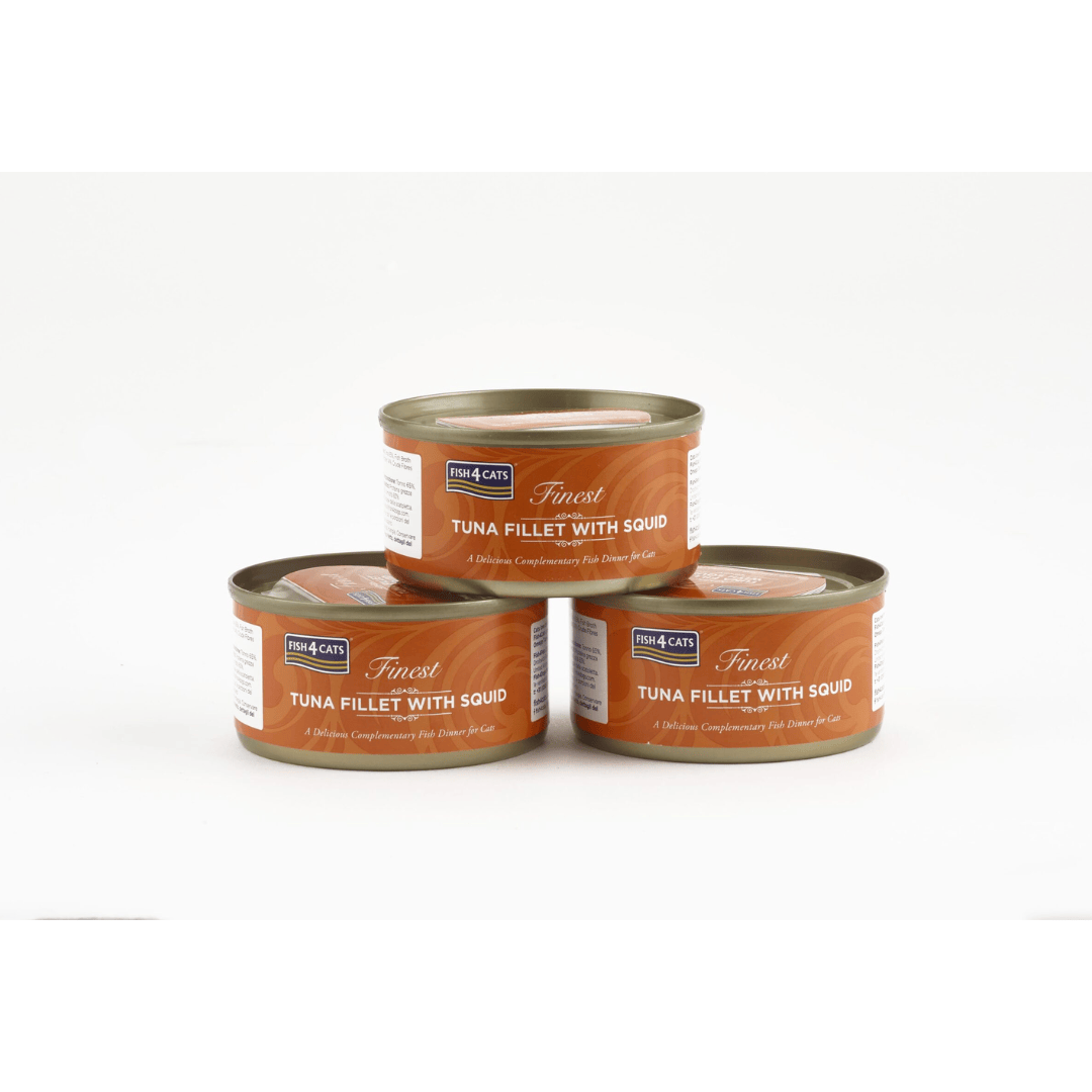 Three cans of tuna fillet with squid on a white background