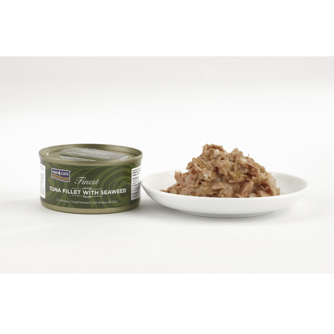 Can of tuna fillet with seaweed next to a plate of the same product on a white background