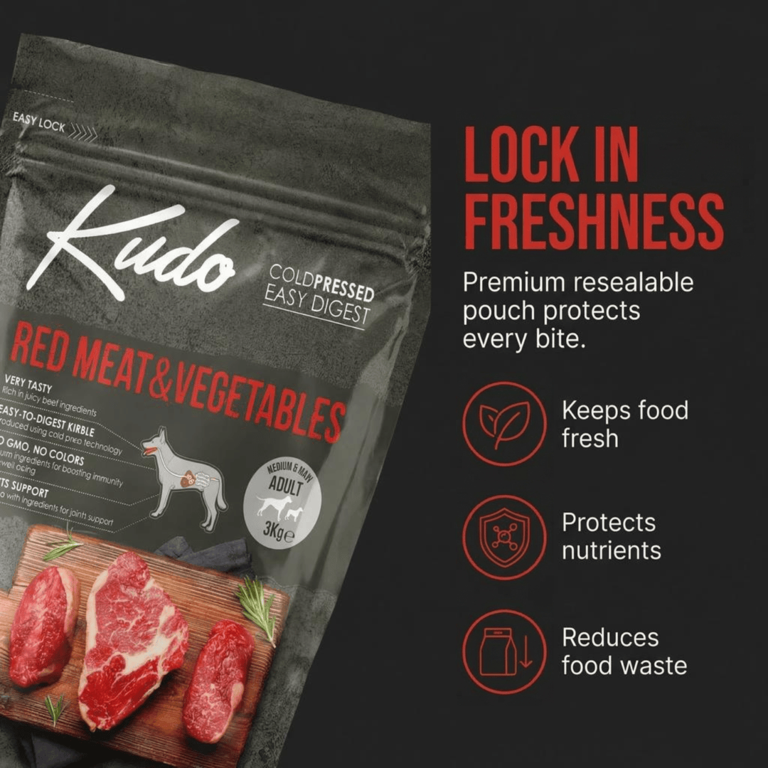 Kudo red meat and vegetables pet food package with text highlighting freshness features on a black background