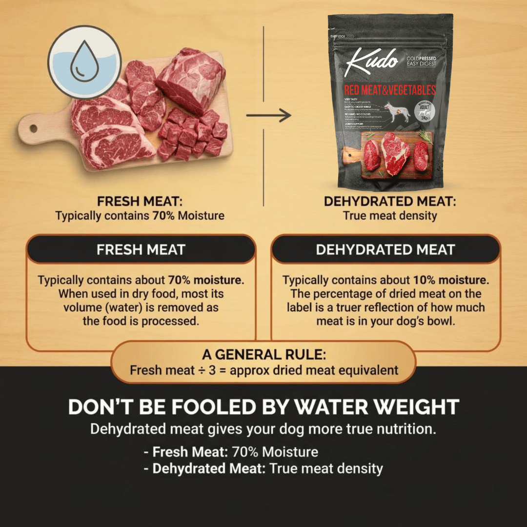Comparison chart between fresh meat and dehydrated meat with Kudo Pet Food packaging.