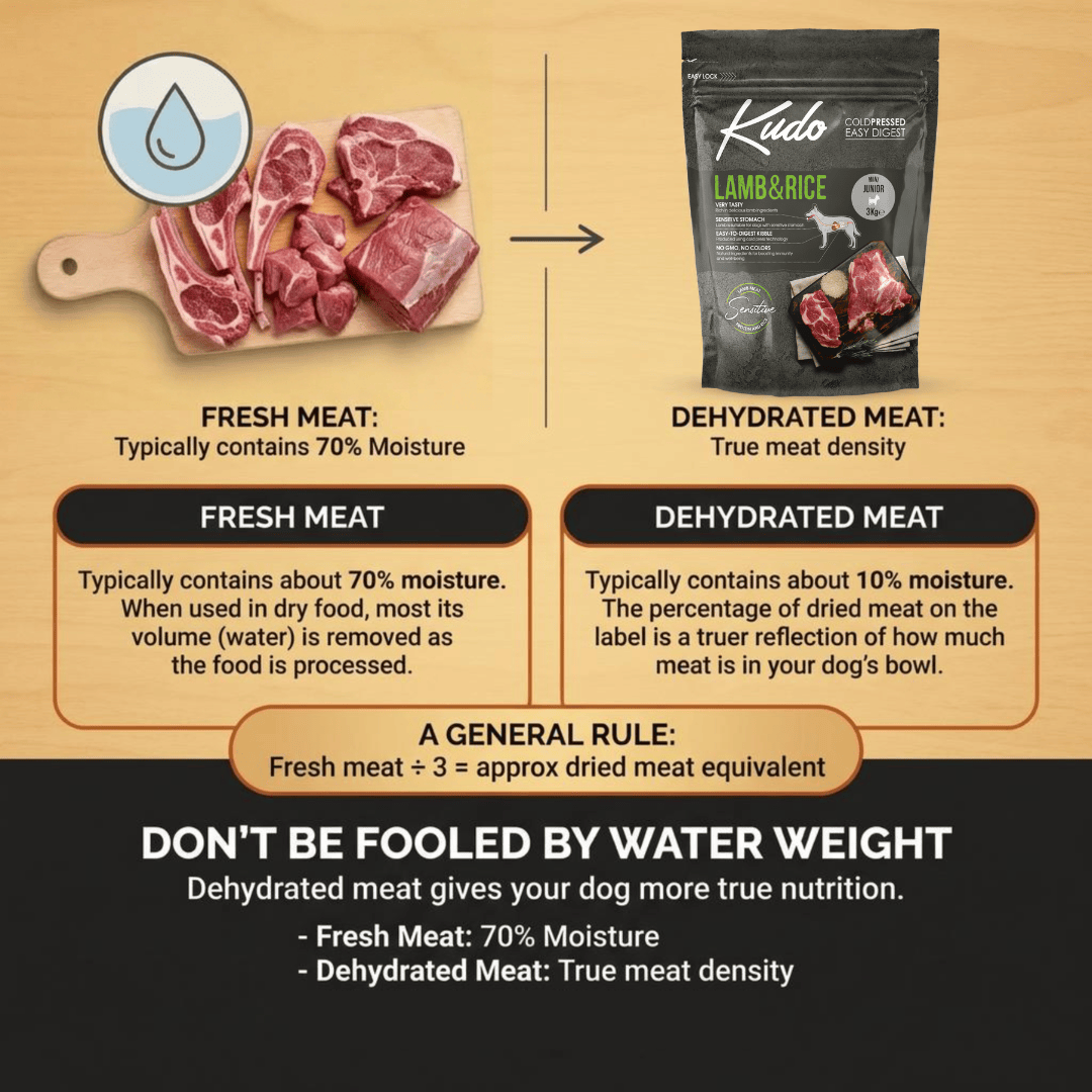 Comparison chart between fresh meat and dehydrated meat with Kudo brand packaging.