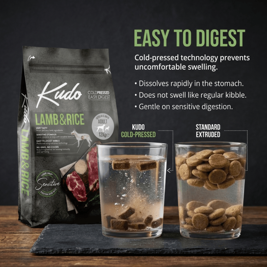 Kudo Lamb & Rice dog food package with two glasses of water comparing cold-pressed and standard extruded kibble and how they digest.