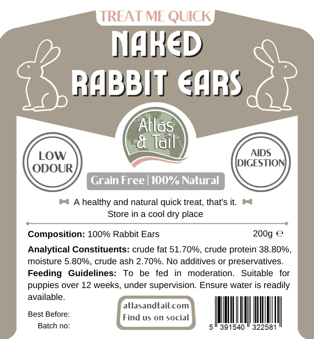 Label for Naked Rabbit Ears with branding and product information.