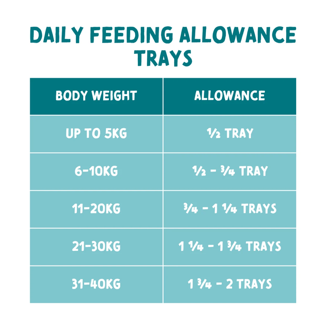 Naturo 'DAILY FEEDING ALLOWANCE TRAYS' showing body weight ranges from up to 5kg to 31-40kg, with corresponding allowance tray quantities.