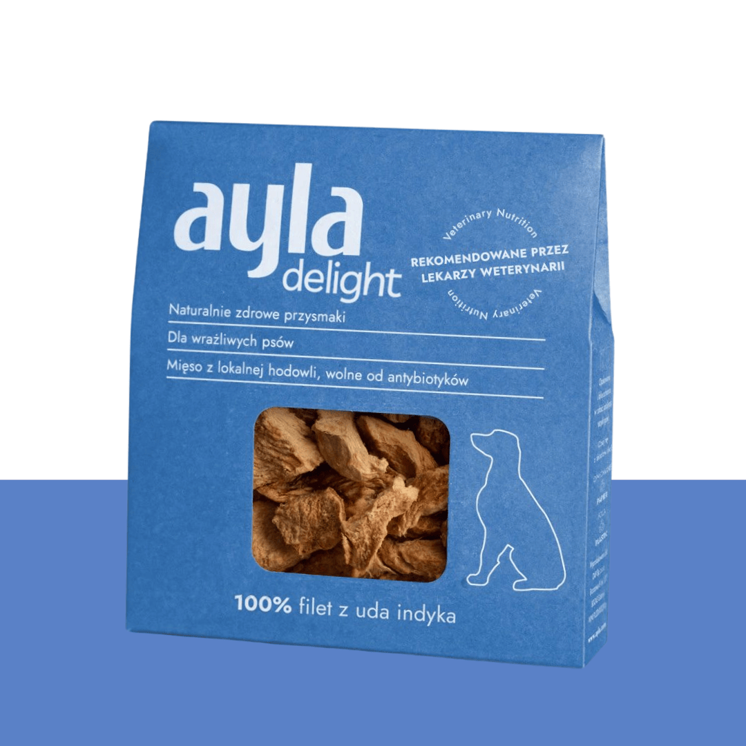 Blue packaging of ayla delight with a picture of dog treats on a blue background