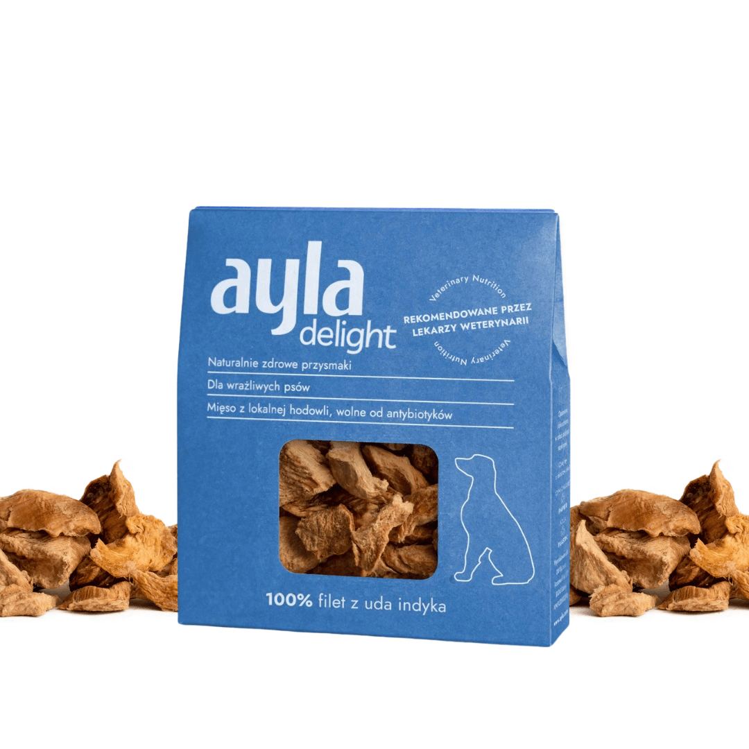 Blue packaging of ayla delight dog treats with visible treats on a white background