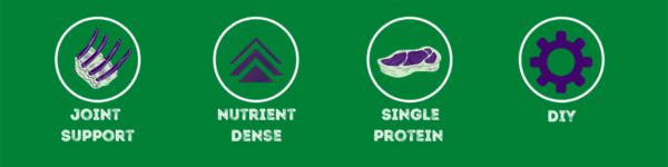 Benefits of Raw Necessity Beef Tripe with corresponding icons - "Joint Support. Nutrient Dense. Single Protein. DIY."
