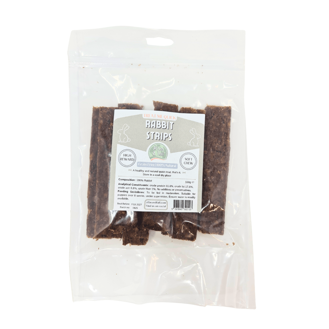 Packaged rabbit strips with a label on a white background