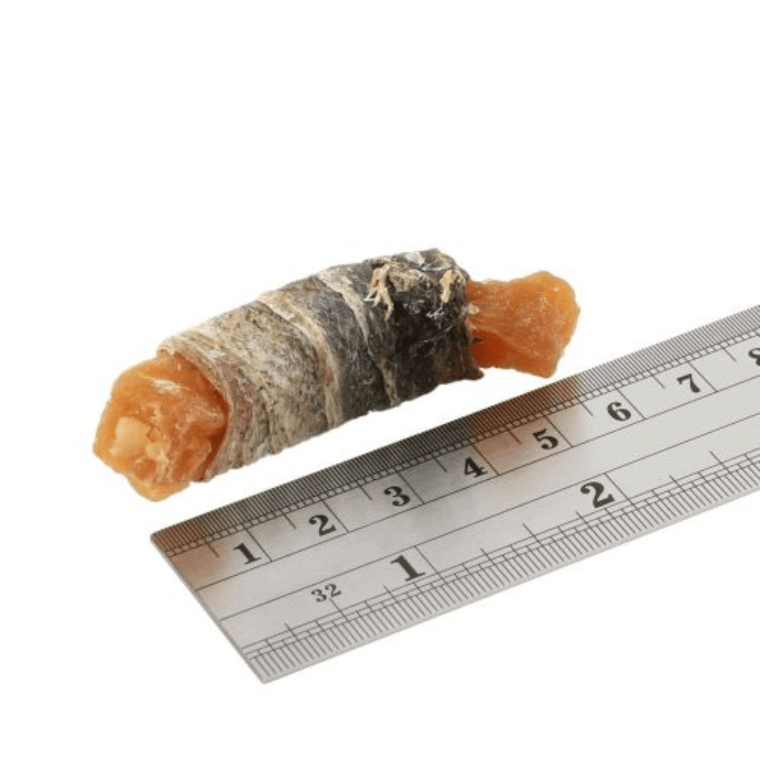 Sweet Potato Fish Wraps beside a ruler showing their approximate size of 6cm