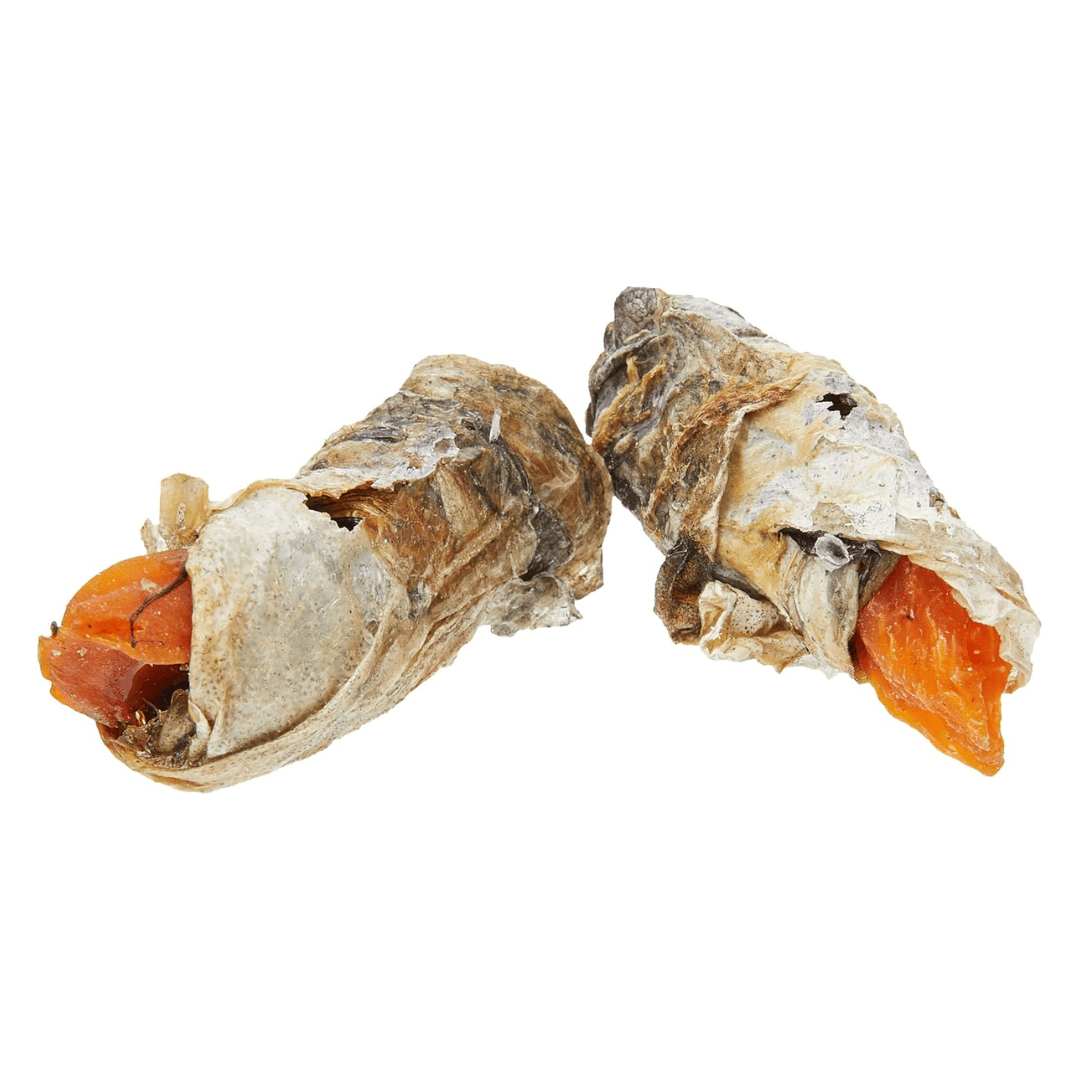 Two Fish 4 Dogs Sweet Potato fish Wraps on a white background.