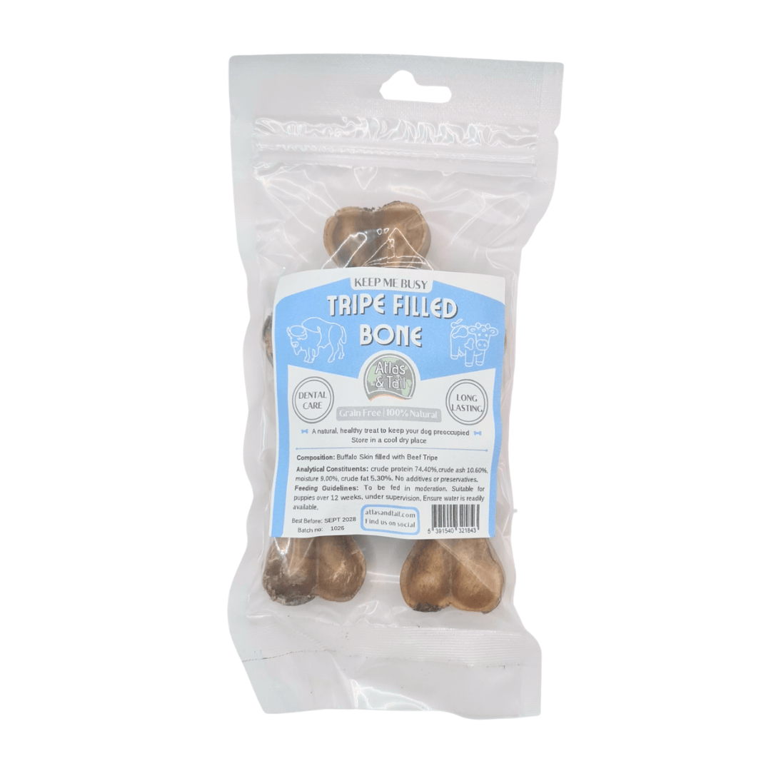Three pack of the Atlas and Tail Tripe Filled Bones packaged against a white background