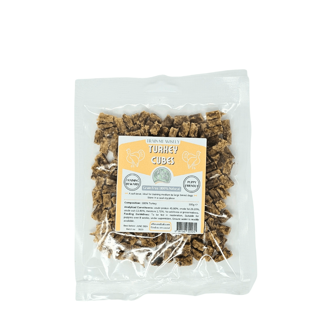 Package of turkey cubes with a label on a white background