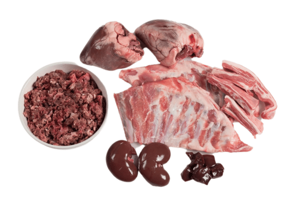 Raw ingredients for Paleo Ridge Lamb Breast and Heart Raw Food