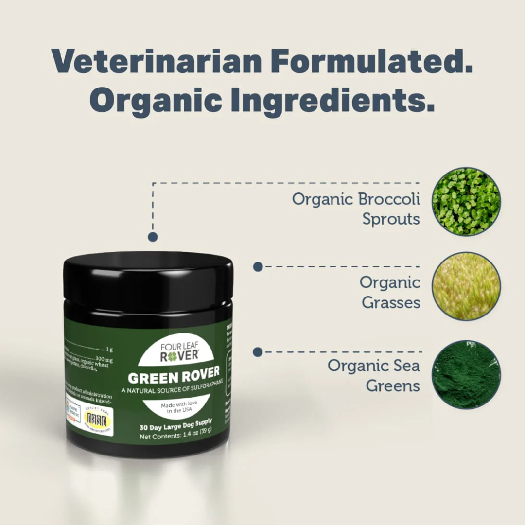 The ingredients of the Four Leaf Rover - Green Rover 39g with small images of each one.