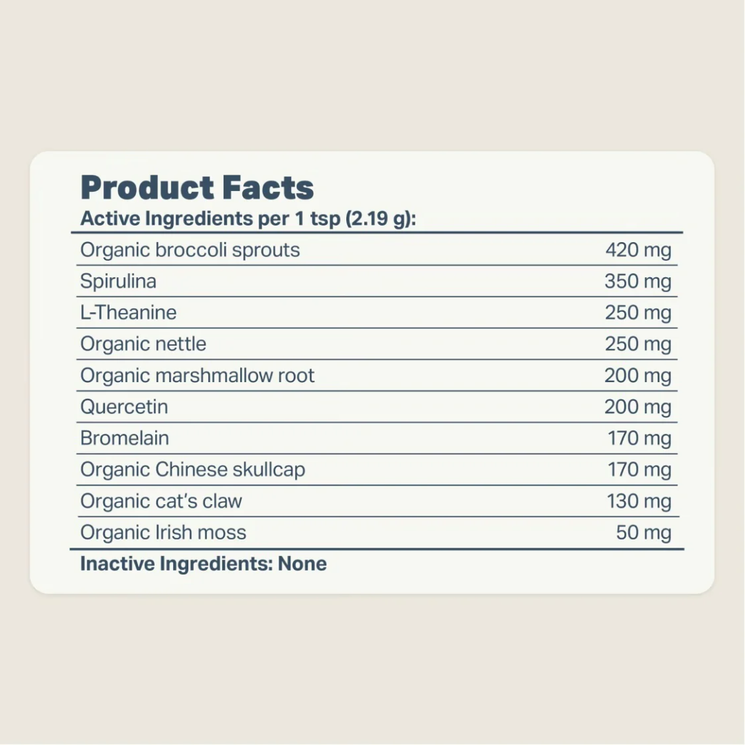 The nutritional analysis of the Four Leaf Rover Harmony - Seasonal Allergy Support
