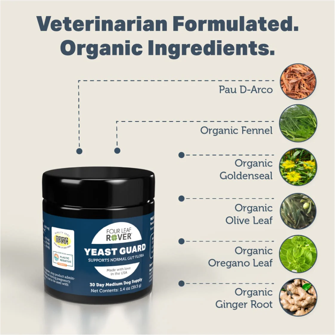 The ingredients of the Four Leaf Rover - Yeast Guard for Dogs 39.9g listed. Each one with a small photo beside it.
