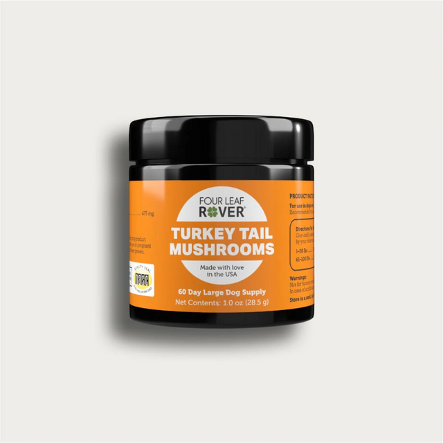 Four Leaf Rover - Turkey Tail Mushroom for Dogs 28.5g against a white background.