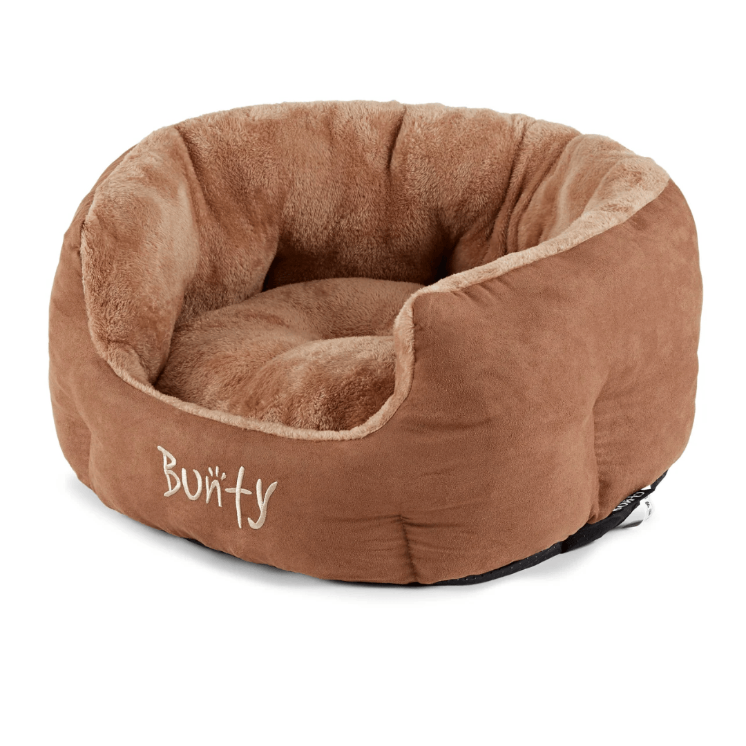 Brown bunty polar pet bed with 'Bunty' branding on a white background