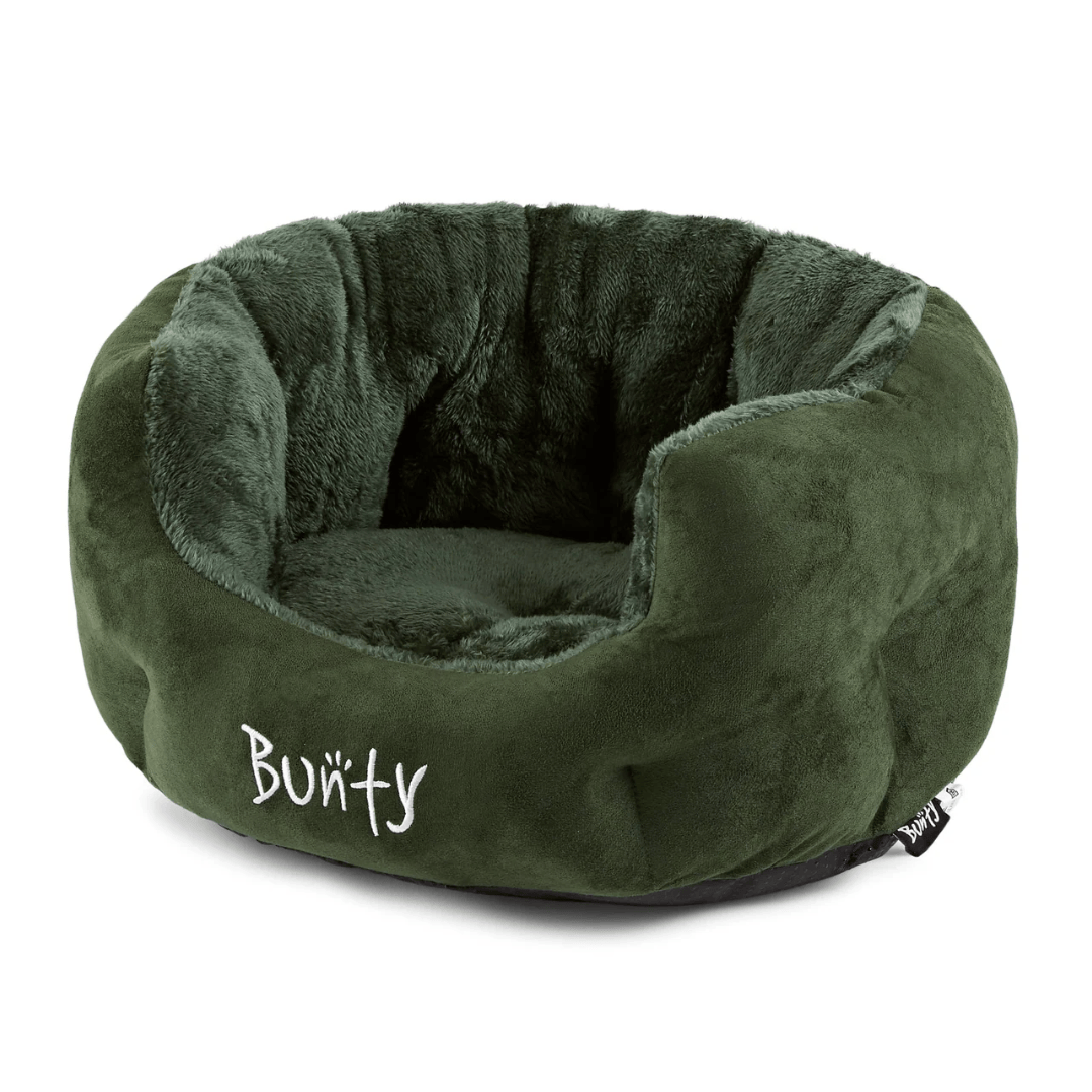 Green bunty polar pet bed with 'Bunty' branding on a white background