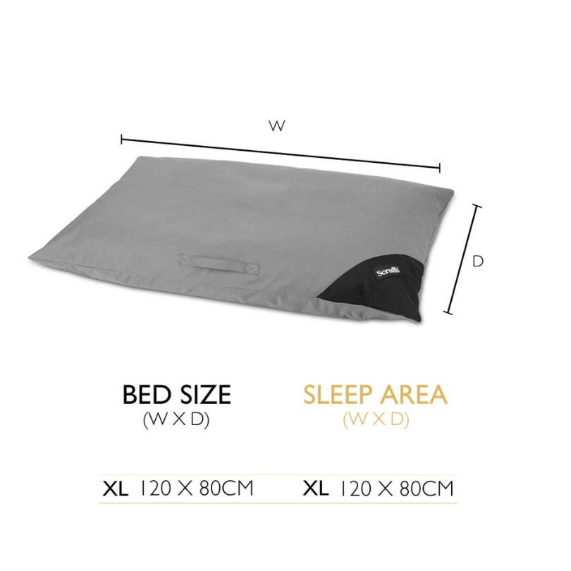 A grey Scruffs Expedition Orthopaedic Pillow for Dogs with it's dimensions listed (120cmx80cm)