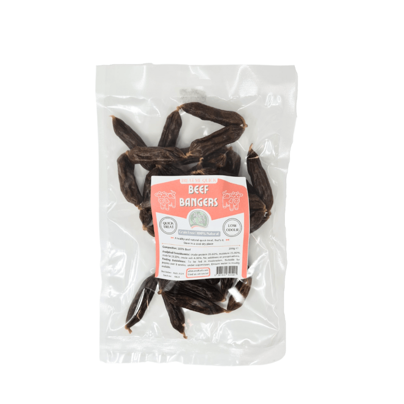 Packaged beef bangers dog treats with a label on a white background