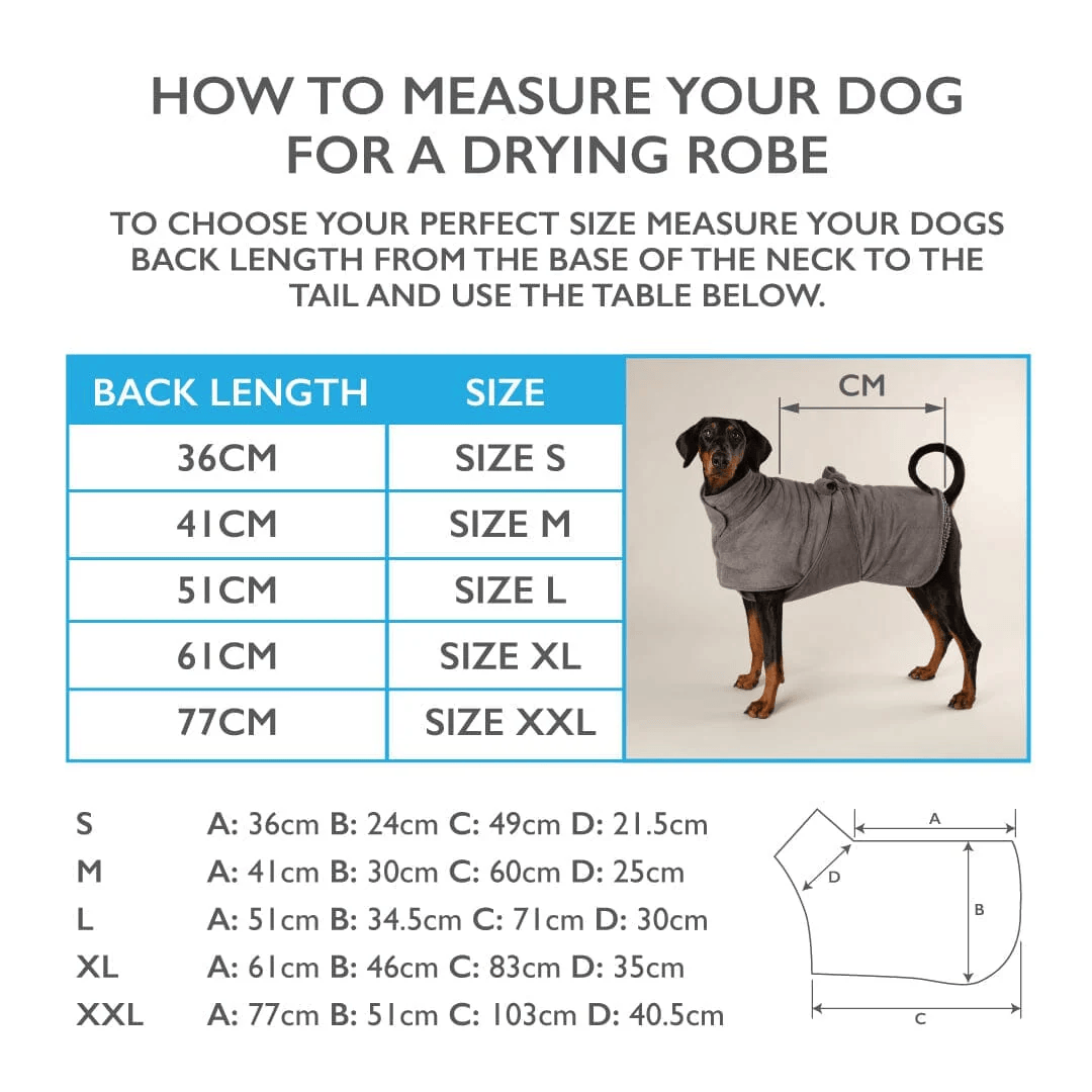 Measurement chart for choosing a drying robe size for dogs with a visual of a dog wearing the robe.