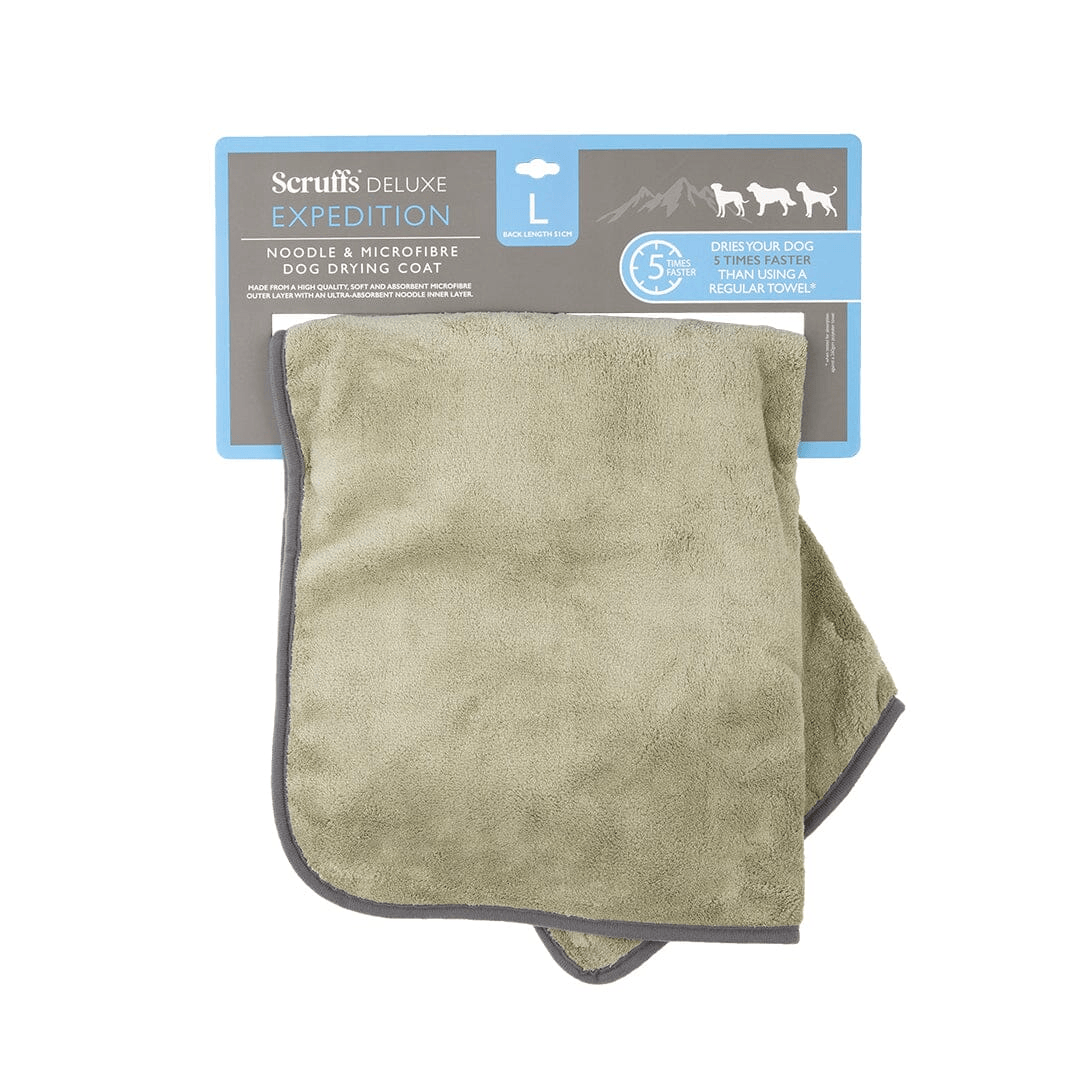 Khaki Green Scruffs Expedition Microfibre Dog Drying Coat with gray trim on a white background