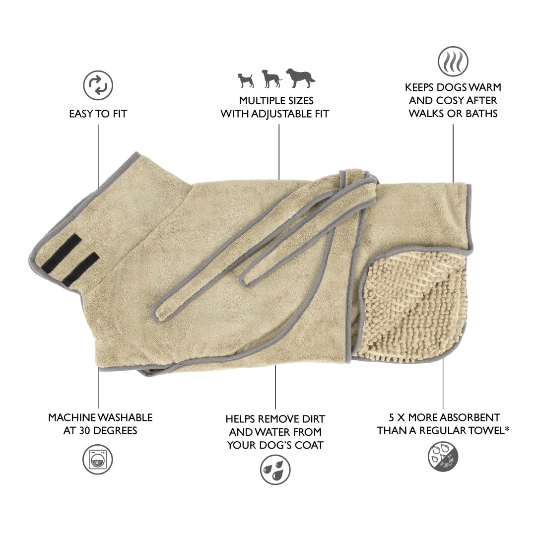 Dog towel with features listed on a white background