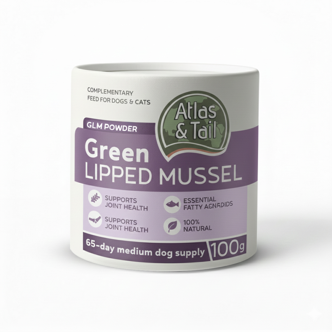 Container of Atlas & Tail Green Lipped Mussel powder on a white background