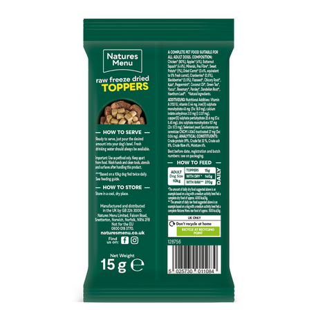 The back of the Natures Menu Raw Freeze Dried Chicken Toppers 15g bag