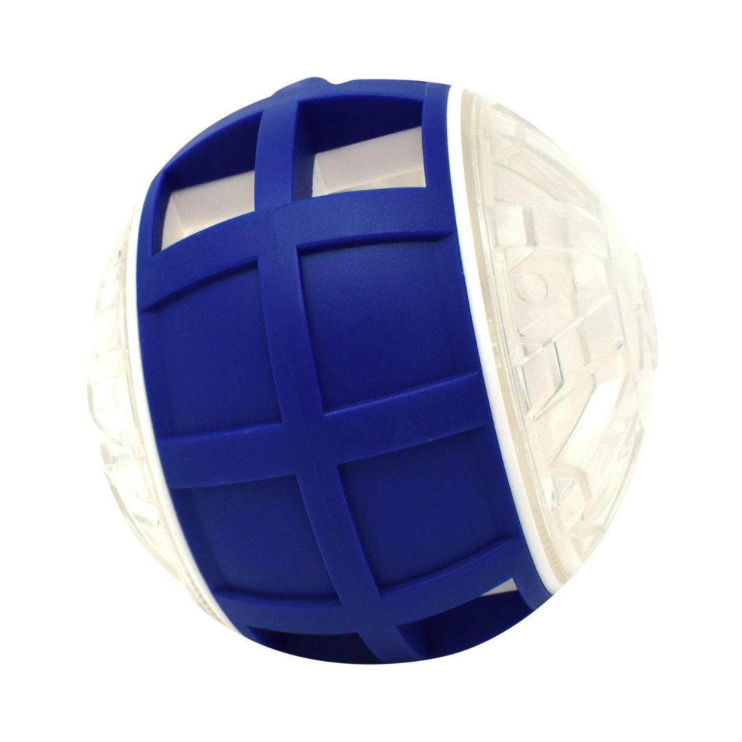 Nerf Puzzle Slow Feeder Ball. It is clear and blue. There are holes where the food can come out.