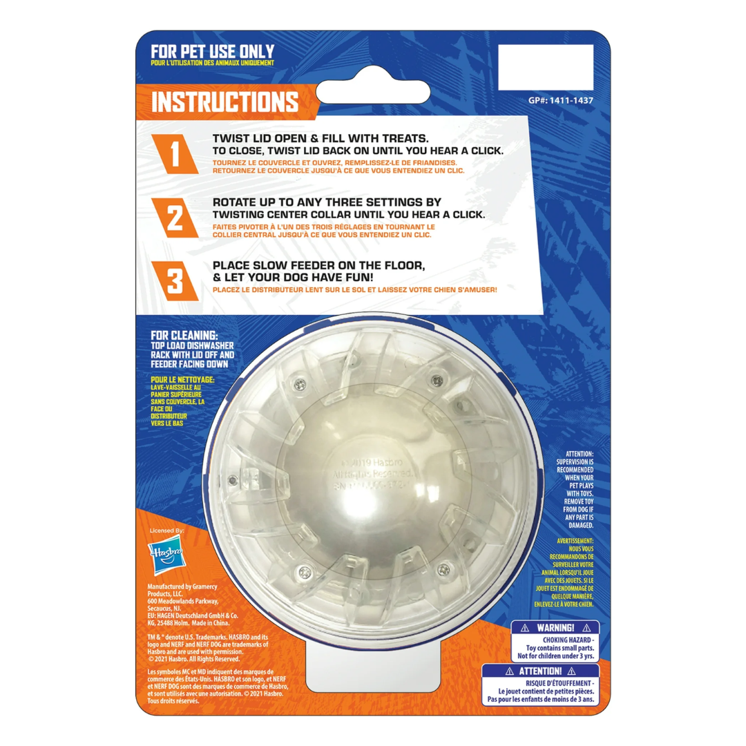 The back of the  Nerf Puzzle Slow Feeder Ball in it's Packaging.