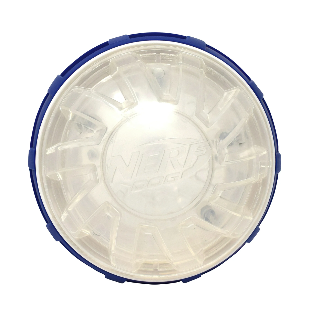 Nerf Puzzle Slow Feeder Ball. It is clear and blue. You can see the Nerf Dog Logo