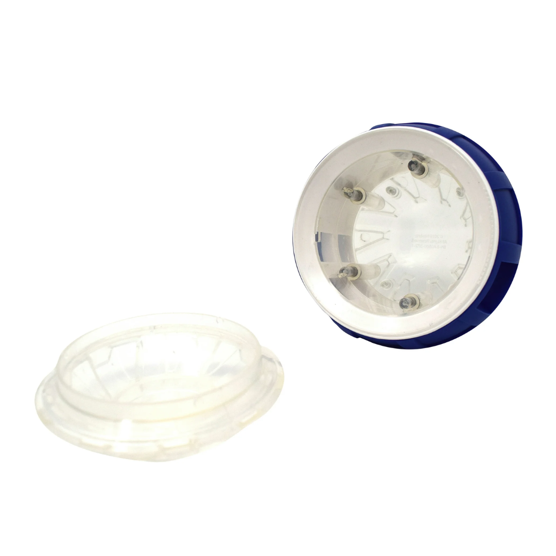 Nerf Puzzle Slow Feeder Ball. It is clear and blue. Lid is off and inside is shown.