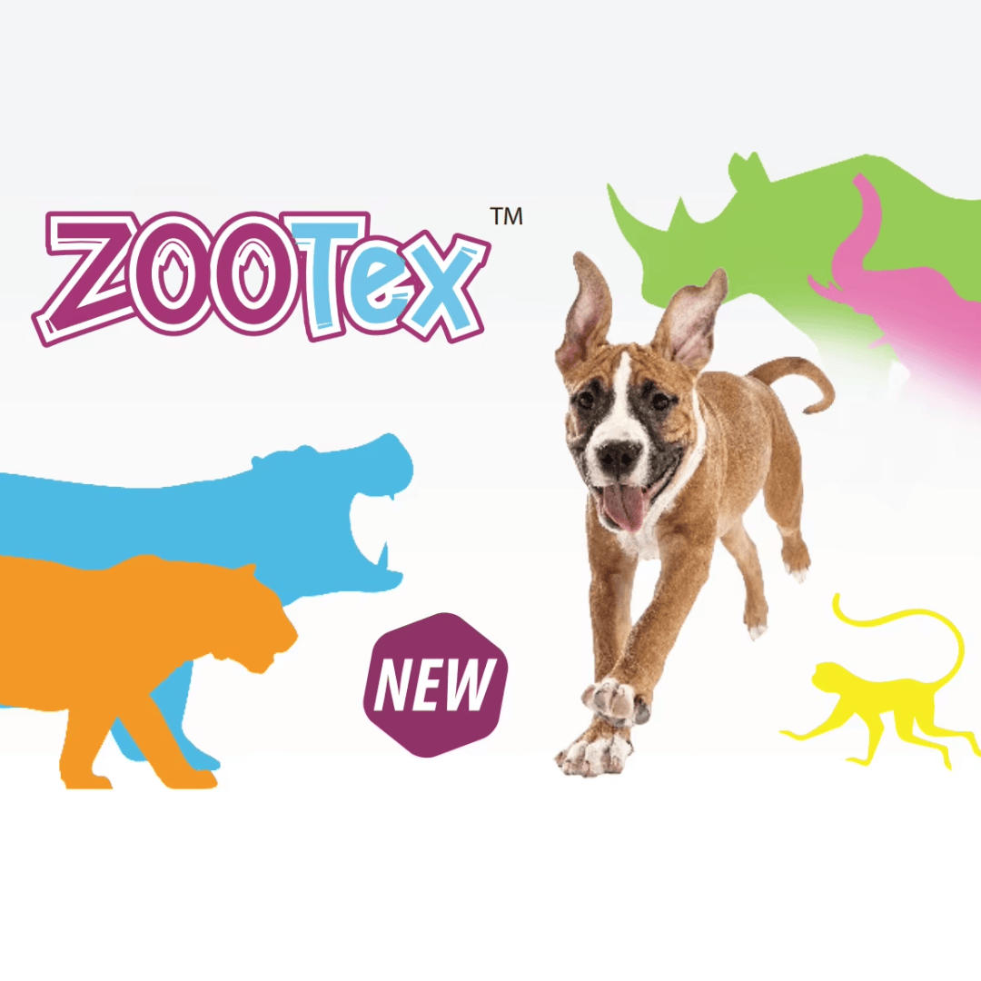 Zootex logo with a dog and colorful animal silhouettes on a white background
