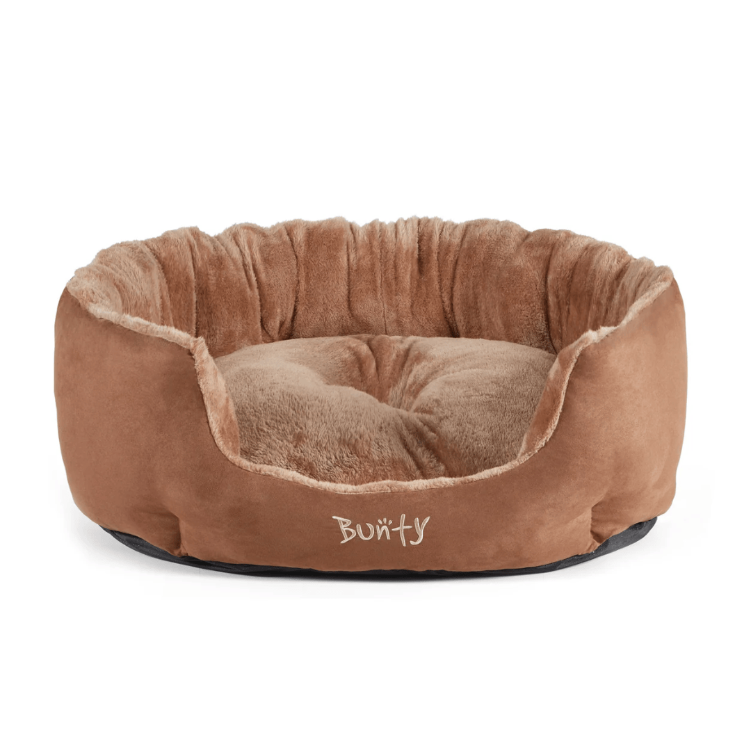 Brown Bunty Polar pet bed with 'Bunty' branding on a white background
