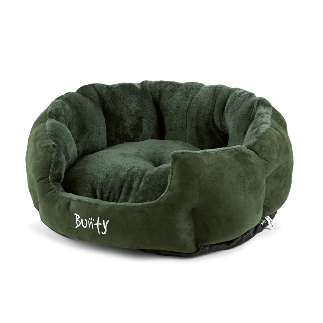 Green Polar pet bed with 'Bunty' branding on a white background
