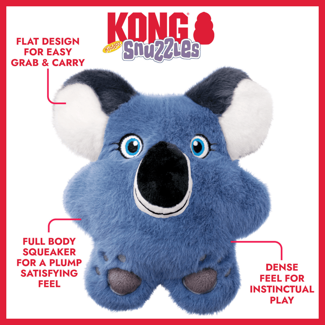 Kong and Snuggles blue koala plush toy with white inner ears, blue eyes, and a black snout, shown on a white background with red border and feature callout text.