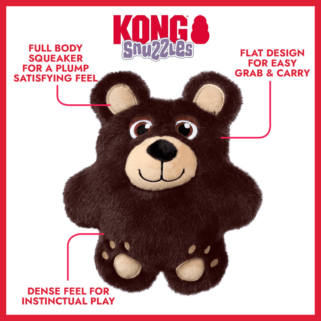 Kong Snuzzles bear-shaped toy with features highlighted on a white background