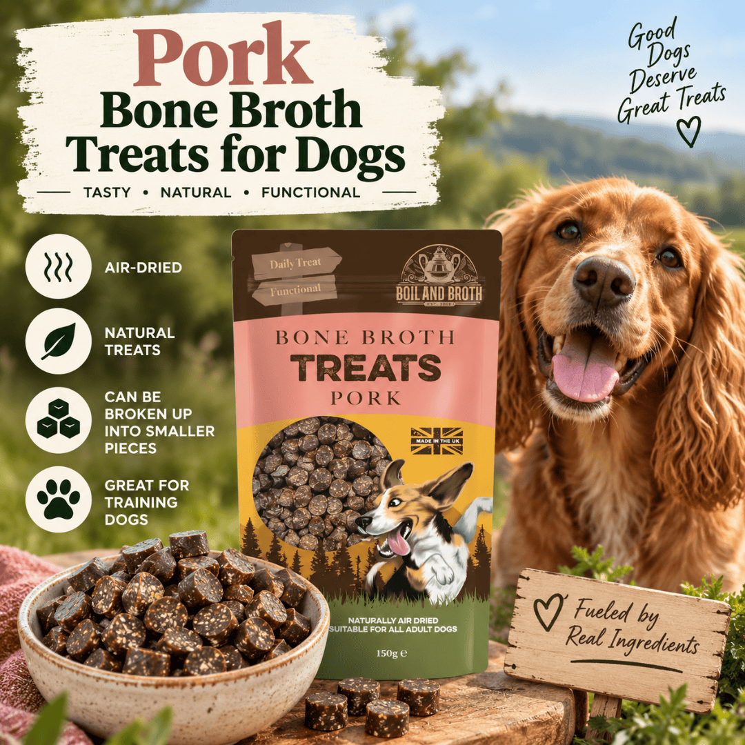 An infographic for the Boil and Broth Bone Broth Treats in Pork. Featuring a golden, long haired dog, a bowl of treats and the packaging. Stating some key benefits like "air dried" and 'great for training treats'