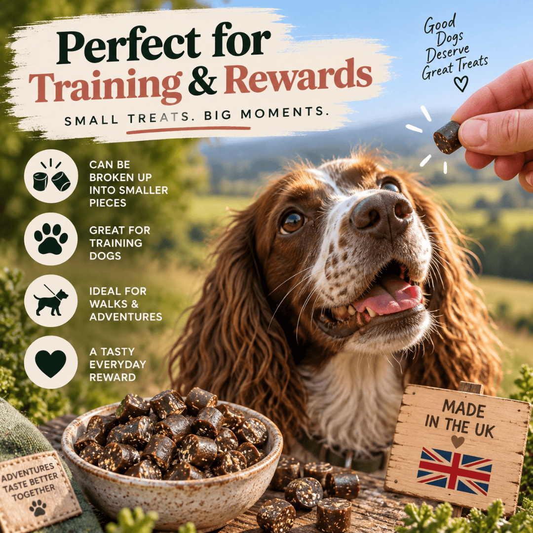 Infographic for the Boil and Broth Bone Broth Treats in Pork. Featuring a spaniel dog and a bowl of the treats.