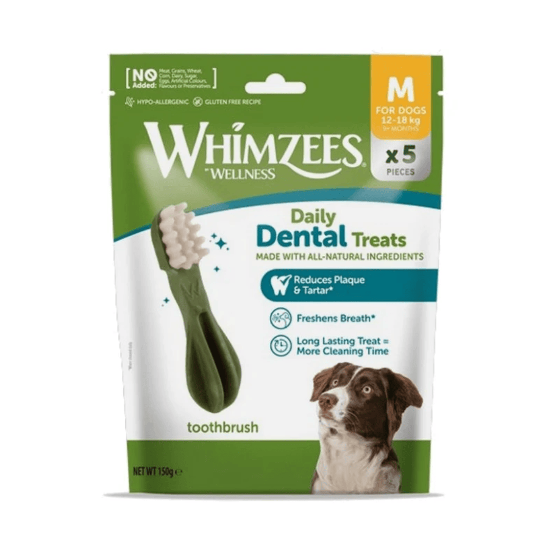 Whimzees Wellness Daily Dental Treats for dogs in a green and white resealable pouch, featuring a toothbrush graphic and a brown and white dog photo, with 'M' size indicated for dogs 12-30 kg.
