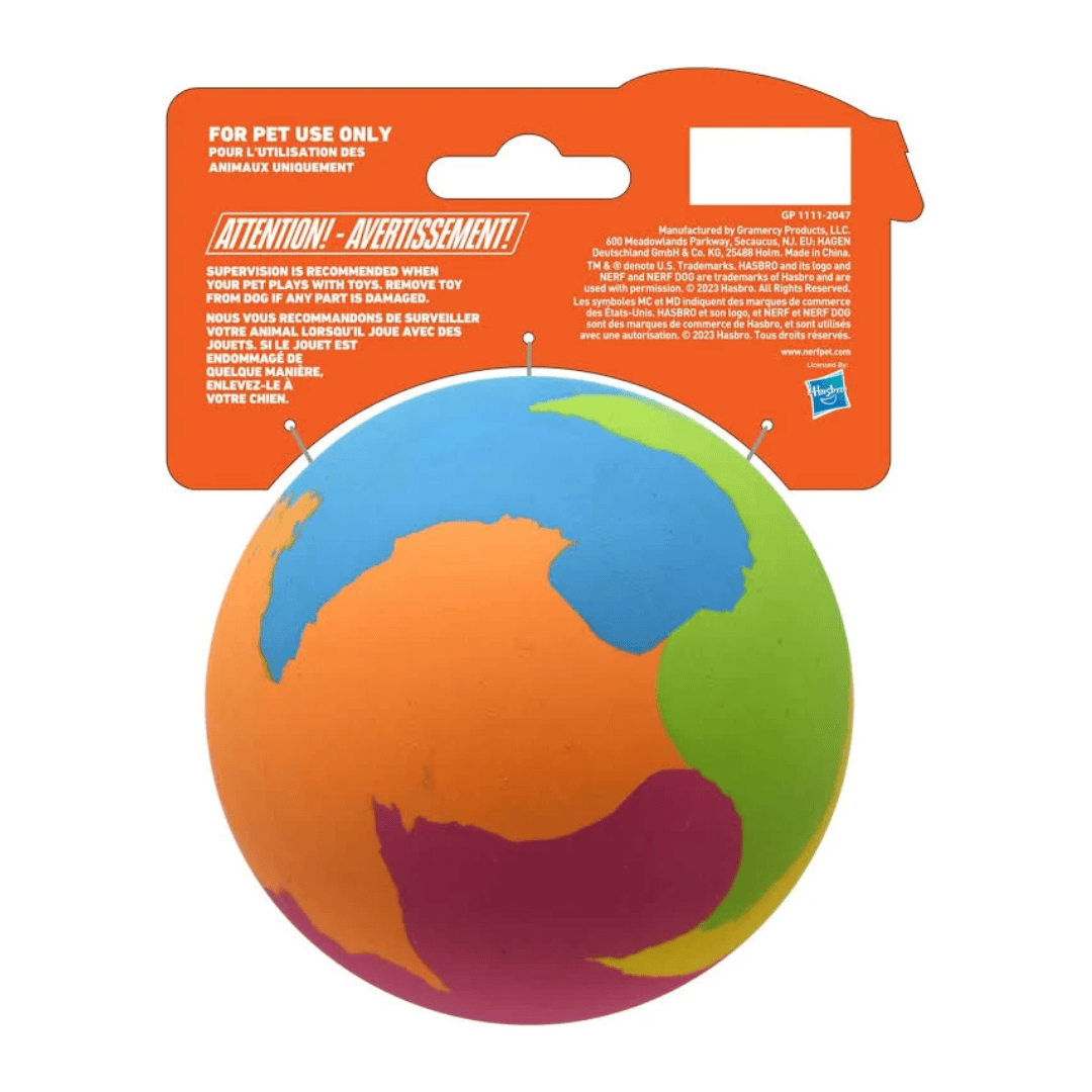 A Nerf Rubber Super Bouncy Ball. The toy features sections of blue, orange, green, purple, and pink, and the packaging displays product details and a Hasbro logo.